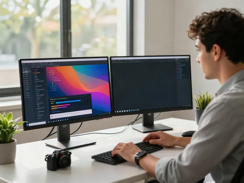 Instant indexing in action at a modern workspace with dual monitors.