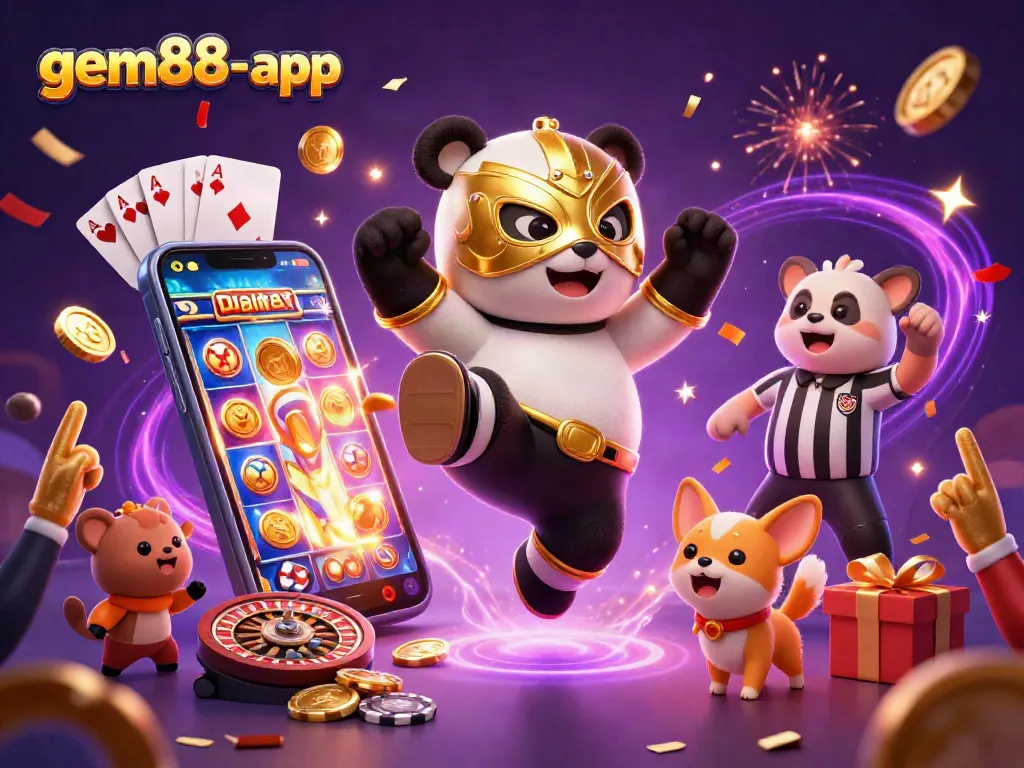 Experience the excitement of gem88-app with a wrestler panda kicking amidst vibrant slot game elements
