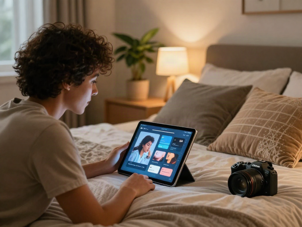 A couple exploring ai sex technology through an intimate smart device in a cozy bedroom setting.