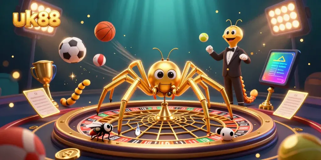 Engage with uk88 in a vibrant casino scene featuring a fantasy spider spinning a roulette wheel.
