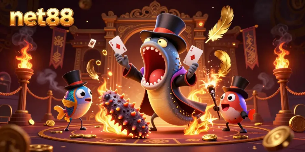 Net88 showcases a bioluminescent deep-sea gulper eel performing tricks, enhanced by engaging casino elements.