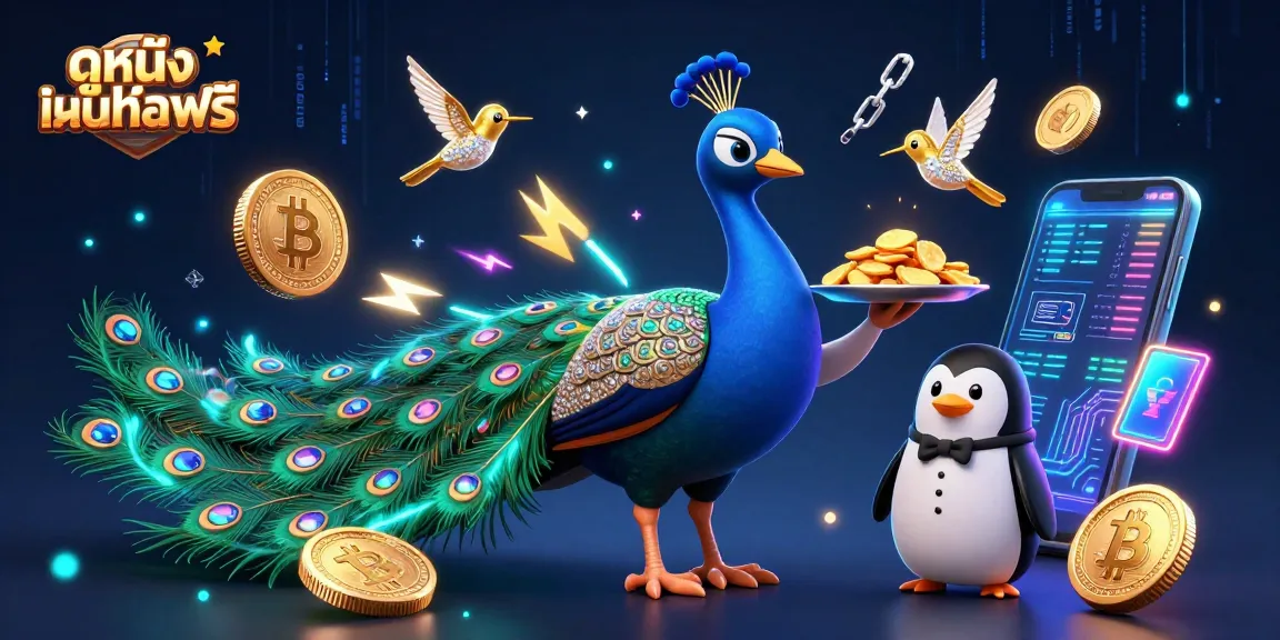 Play ดูหนังออนไลน์ฟรี with stunning visuals of a peacock, chip-carrying penguin, and hummingbird in a lively casino scene.