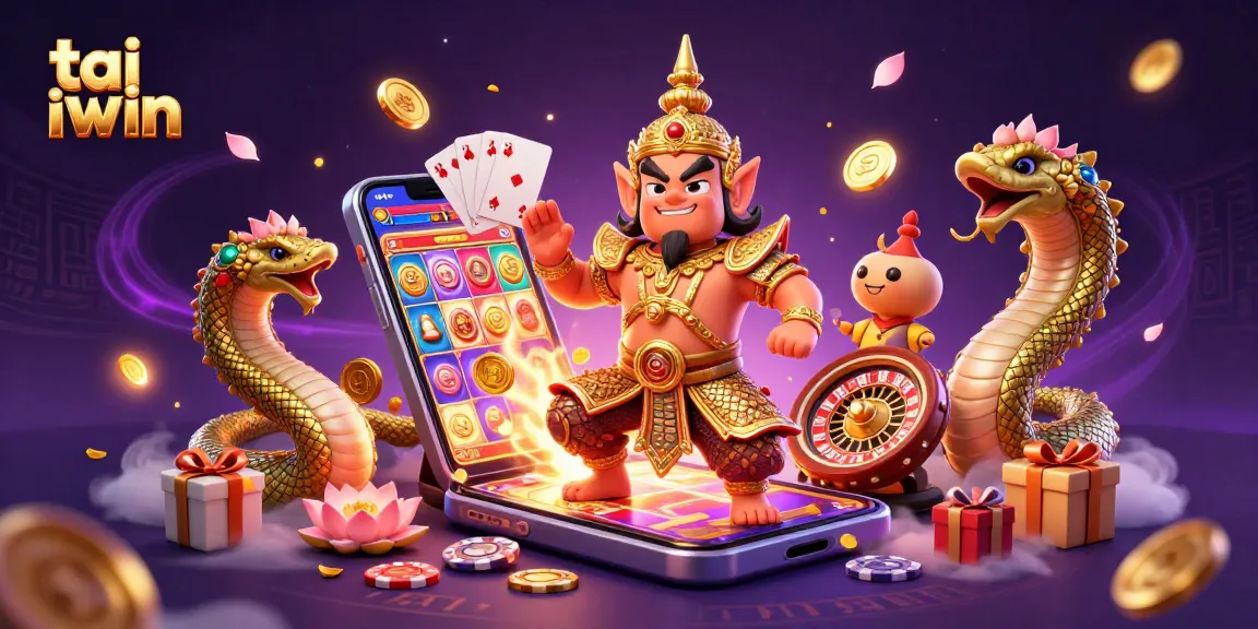 Engage in thrilling gameplay with tai iwin, featuring a vivid scene of a Thai guardian beside exciting casino elements.