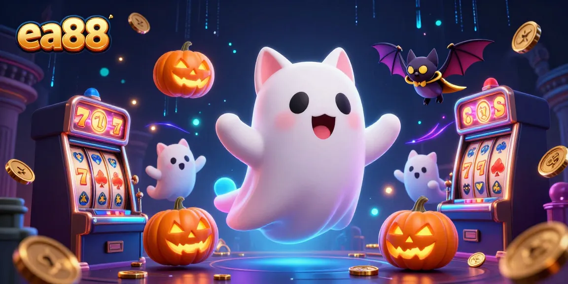 Experience thrilling fun with ea88's friendly ghost cat in a haunted casino scene.