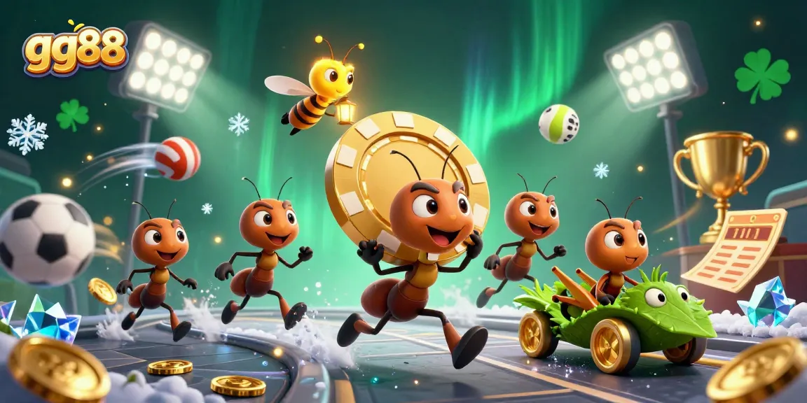 Join the gg88 heist with playful ants and dynamic sports elements amid vibrant lights.