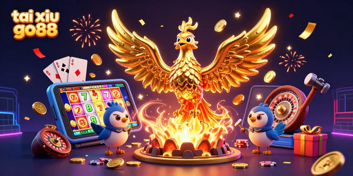Experience the thrill of tai xiu go88 as golden coins flow from a magical phoenix amidst vivid casino elements.