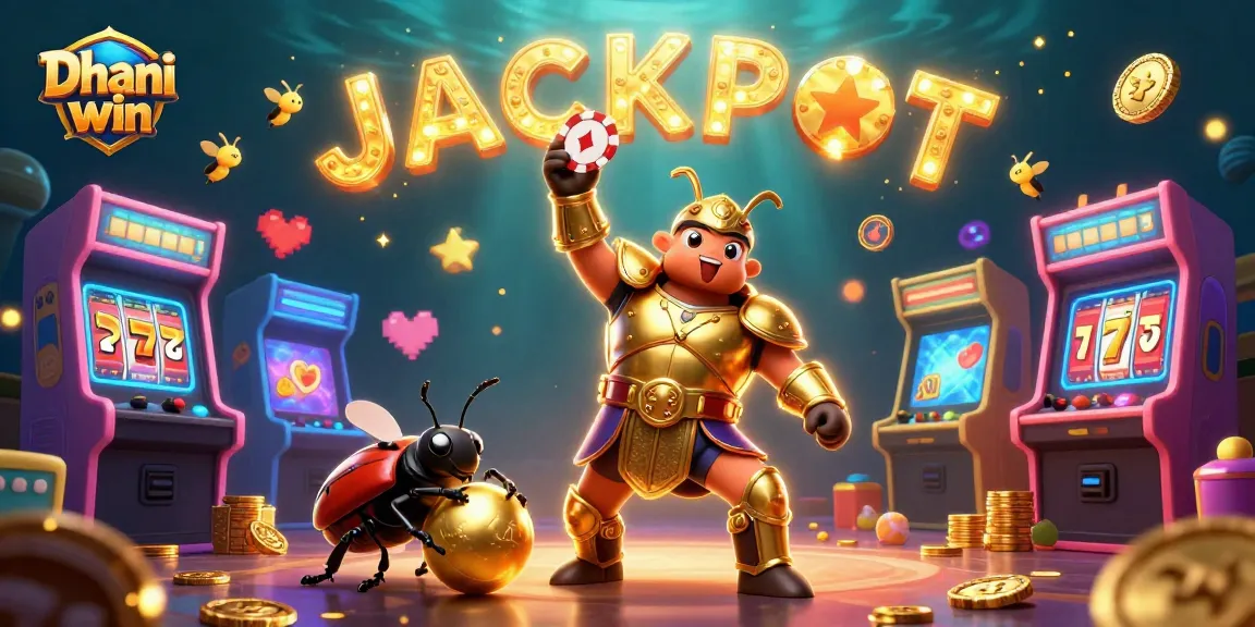 Dhani win gaming illustration featuring beetle characters celebrating a jackpot with arcade elements