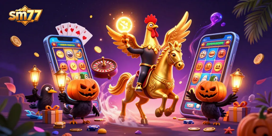 Experience the vibrant world of sm77 with a golden rooster in a magical casino scene.