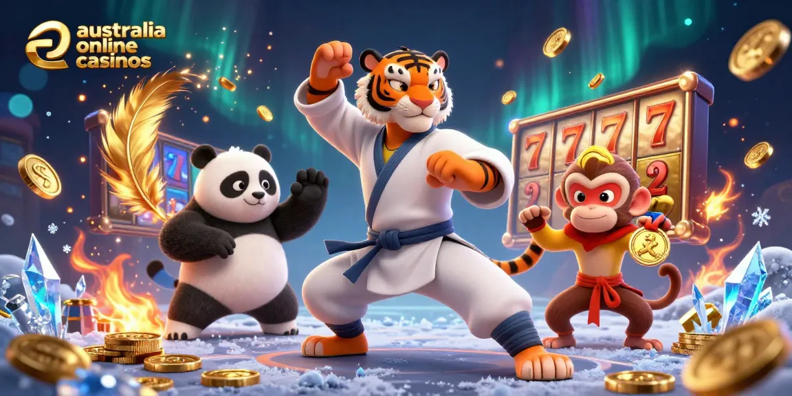 Experience excitement at australia online casinos with a dynamic 3D illustration of a kung fu tiger and friends.