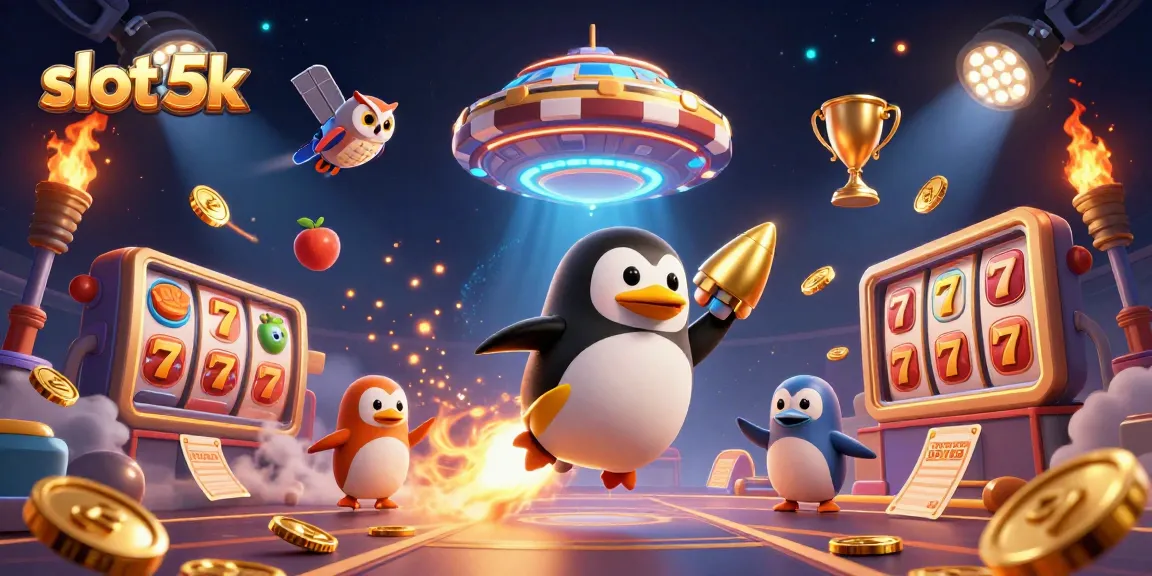 Play exciting slot 5k games with dynamic 3D visuals of golden penguins and jackpots swirling.