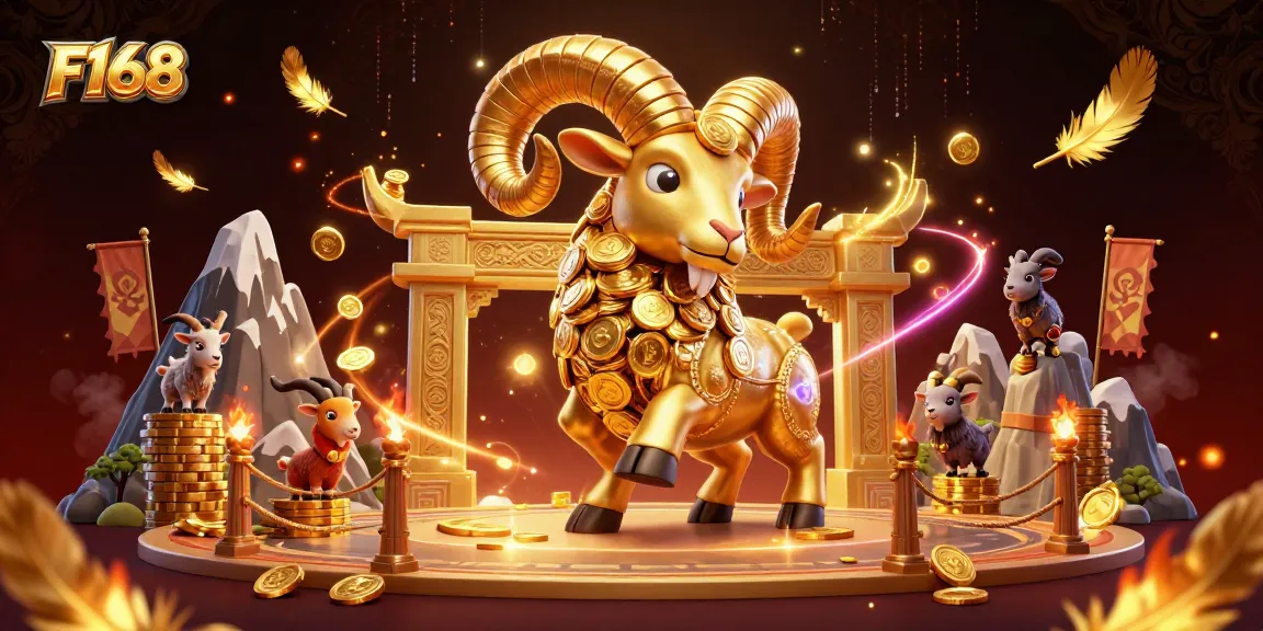 Experience thrilling gameplay with F168's unique golden ram character in a vibrant casino scene.