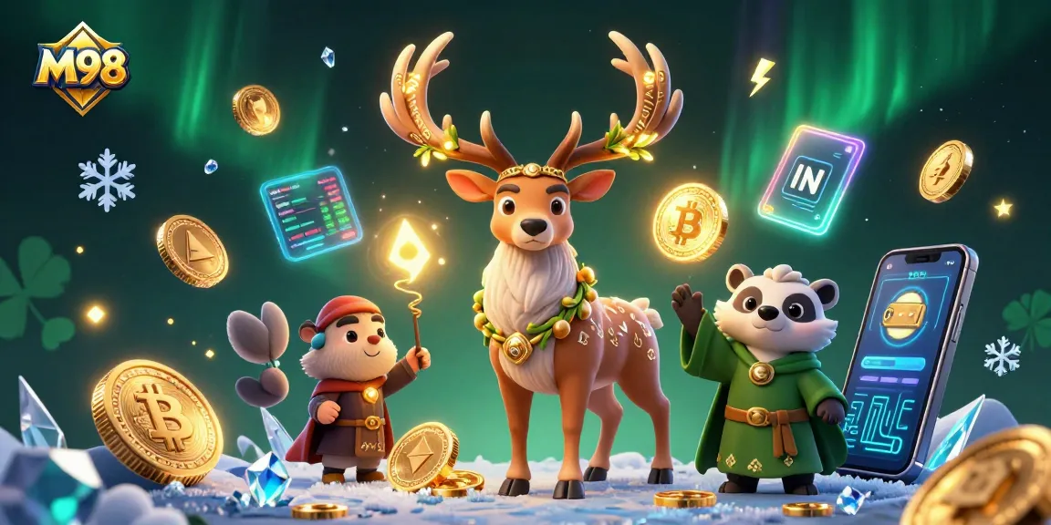 M98 illuminates with a magical gaming scene featuring Celtic characters, crypto elements, and a vibrant casino atmosphere.